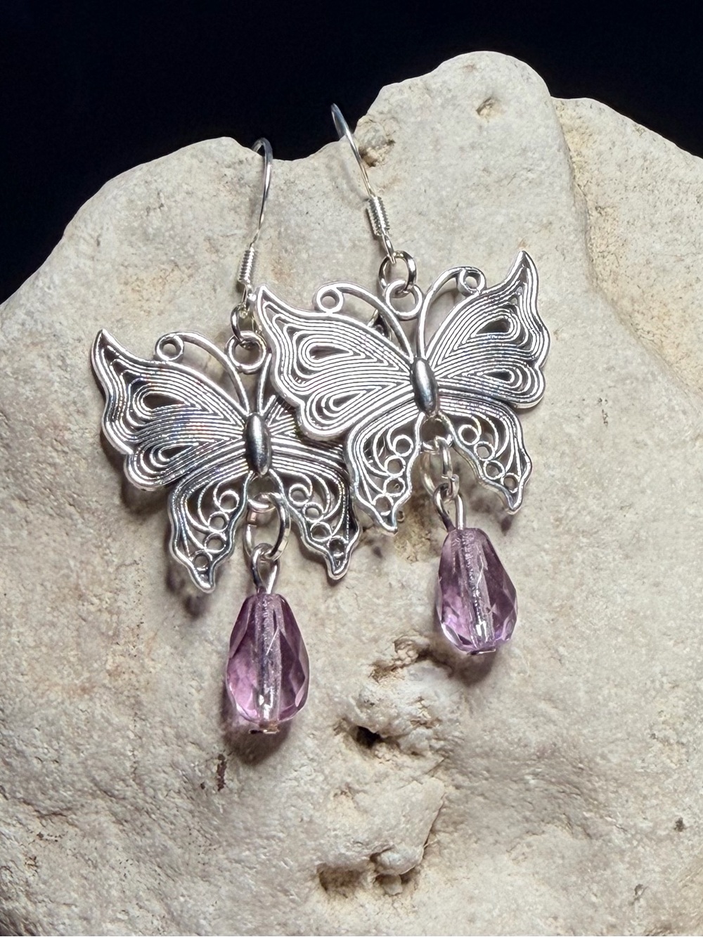 ✨Hand Crafted✨ Silver Butterfly Earrings w/ Purple Crystal Beads - Hypoallergeni